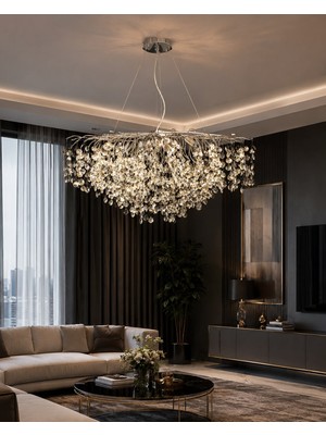 LED Yeni Model 100 cm Oval Ağaç Kristal Lüx Salon Avize Krom Renk Ithal Kasa