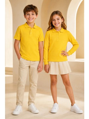 Loule Çocuk Unisex Sarı 2'li Polo Yaka Tişört Seti Kısa Kollu + Uzun Kollu %100 Pamuk Lakos Kumaş