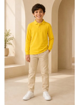 Loule Çocuk Unisex Sarı Uzun Kollu Polo Yaka Tişört %100 Pamuk Lakos Kumaş