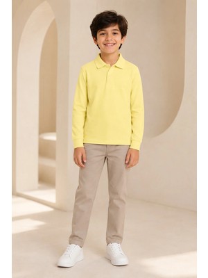 Loule Çocuk Unisex Açık Sarı Uzun Kollu Polo Yaka Tişört %100 Pamuk Lakos Kumaş