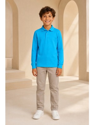Loule Çocuk Unisex Turkuaz Uzun Kollu Polo Yaka Tişört %100 Pamuk Lakos Kumaş