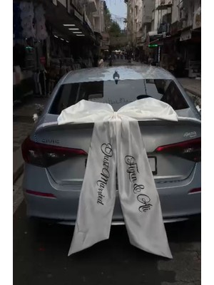 Monamilie Kişiye Özel Isimli Gelin Arabası Süsü - Dev Saten Arkası Fiyonk Just Married Yazılı