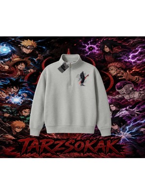Tarzsokak Kakashi Hatake Naruto Anime Karakteri Unisex Polo Yaka Yarım Fermuarlı Sweatshirt Beyaz