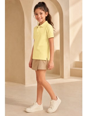 Loule Çocuk Unisex Açık Sarı Kısa Kollu Polo Yaka Tişört %100 Pamuk Lakos Kumaş