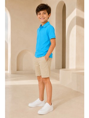 Loule Çocuk Unisex Turkuaz Kısa Kollu Polo Yaka Tişört %100 Pamuk Lakos Kumaş
