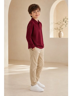 Loule Çocuk Unisex Bordo Uzun Kollu Polo Yaka Tişört %100 Pamuk Lakos Kumaş
