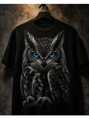 Carismatisort Baykuş Baskılı Siyah Tişört Bay Bayan Kadın Erkek Unisex Tshirt