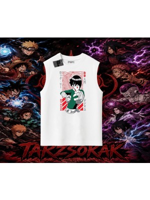 Tarzsokak Rock Lee Naruto Anime Karakter Oversize Unisex Kolsuz Tişört Beyaz