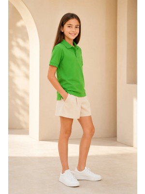 Loule Çocuk Unisex Yeşil Kısa Kollu Polo Yaka Tişört %100 Pamuk Lakos Kumaş