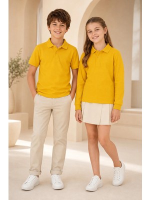 Loule Çocuk Unisex Hardal 2'li Polo Yaka Tişört Seti Kısa Kollu + Uzun Kollu %100 Pamuk Lakos Kumaş