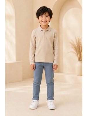 Loule Çocuk Unisex Bej Uzun Kollu Polo Yaka Tişört %100 Pamuk Lakos Kumaş