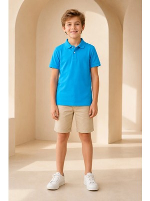 Loule Çocuk Unisex Mavi Kısa Kollu Polo Yaka Tişört %100 Pamuk Lakos Kumaş