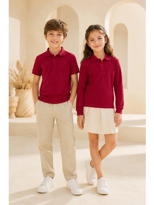 Loule Çocuk Unisex Bordo 2'li Polo Yaka Tişört Seti Kısa Kollu + Uzun Kollu %100 Pamuk Lakos Kumaş