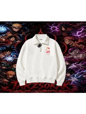 Tarzsokak Pain Nagato Naruto Anime Karakter Unisex Polo Yaka Yarım Fermuarlı Sweatshirt Beyaz