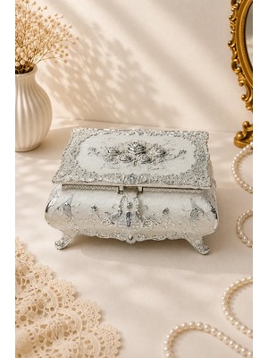 Rasha Collection Gümüş Renk Kabartma Desenli Aynalı Vintage Takı Kutusu