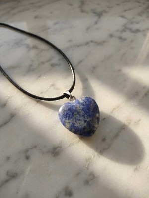 Meneva Aksesuar Lapis Lazuli Doğal Taş Kalp Kesim Deri Ipli Kolye
