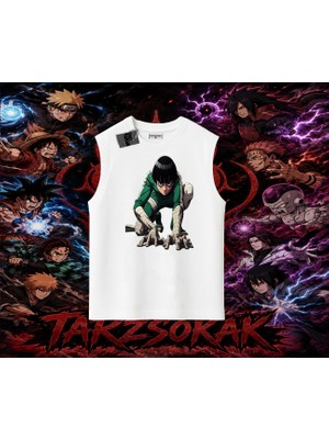 Tarzsokak Rock Lee Naruto Anime Karakter Oversize Unisex Kolsuz Tişört Beyaz