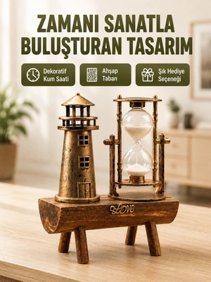 Najmaddin Mey ® Vintage Kum Saati + Deniz Feneri Modeli – Ahşap Gövdeli Masa Üstü Dekor Yeni Nesil Najm