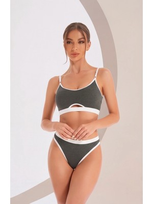 Lux Store Kadın Gri Antrasit Kaşkorse Beyaz Lastikli Cut-Out Tanga Külotlu Takım – Modern, Konforlu