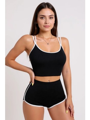 Lux Store Kadın Siyah Beyaz Çapraz Lastik Detaylı Kaşkorse Şortlu Gecelik Takımı – Modern, Konforlu Günlük