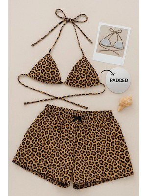 Lux Store Kadın Leopar Desenli Şortlu Belden Boyundan Bağlamalı Bikini Takımı
