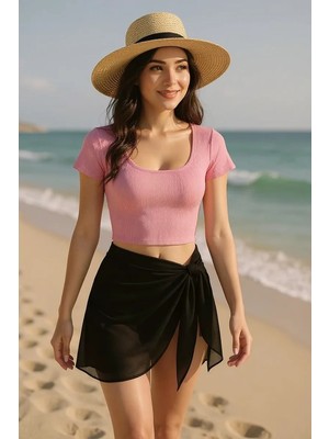 Lux Store Kadın Pembe Yarım Kol Crop Siyah Pareo 2'li Set – Şık Tasarım