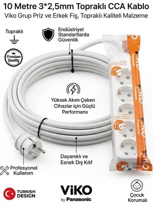 Viko Grup Priz 5'li, 10 Metre Uzatma Kablosu, 3x2,5 Kalın Cca Kablo  - Premium Kalite, Çocuk Korumalı, Terminal ve Klemens Bağlantılı