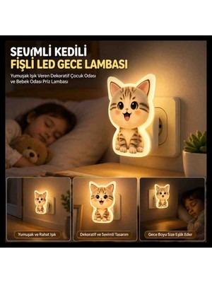 Şirin Home Sevimli Kedi Figürlü LED Priz Gece Lambası Çocuk ve Bebek Odası Dekoratif Gece Lambası