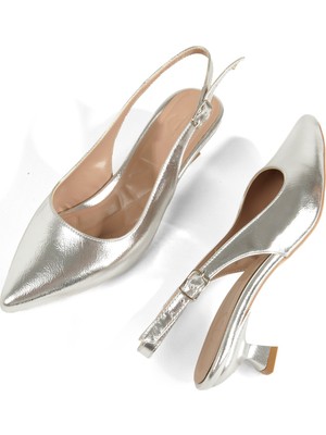 Modabuymus Gümüş Lame Çok Kısa Topuklu Stiletto Sivri Burun Kitten Abiye Ayakkabı Minikas