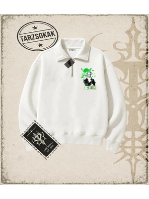Tarzsokak One Piece Anime Karakterleri  Unisex Polo Yaka Yarım Fermuarlı Sweatshirt Beyaz