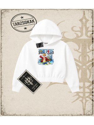 Tarzsokak One Piece Anime Karakterleri  Kadın Crop Kapşonlu Sweatshirt Beyaz