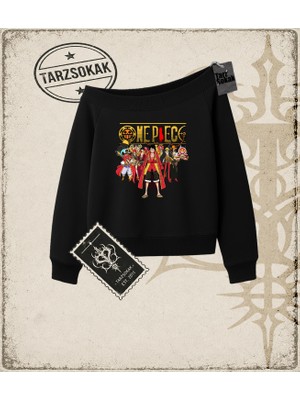 Tarzsokak One Piece Anime Karakterleri  Kadın Kayık Yaka Sweatshirt Beyaz