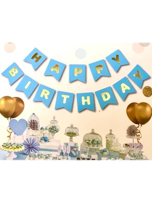 Delixa Mavi Üstüne Gold Altın Sarısı Yaldızlı Happy Birthday Yazılı Doğum Günü Partisi Karton Yazı Banner