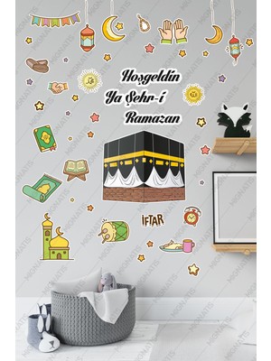 Delixa Kabe ve Renkli Ramazan Figürleri Cam Duvar Kapı Hoşgeldin Ramazan Sticker Seti Çocuk Bebek Odası