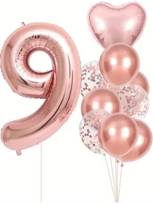 Delixa Rose Gold Kalpli 9 Yaş Folyo Balon Set
