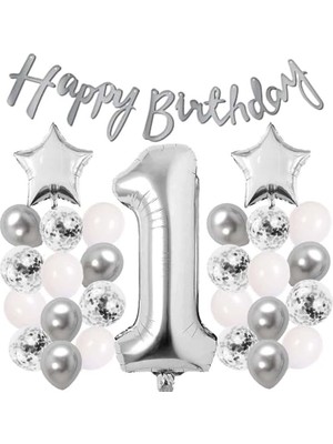 Delixa Gumus Konsept Dogum Gunu Kutlama Seti Beyaz Gumus Konfetili Balon Rakam Yıldız Folyo ve Banner (1 Ya