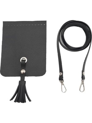Delixa Aksesuar Siyah Suni Deri Püskül Kapaklı Cep Telefonu Mini Bag Seti Gümüş Metal