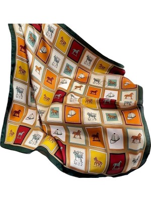 Delixa At Figürlü Kare Eşarp, Polyester Fular, Çok Renkli Bandana, 70X70CM