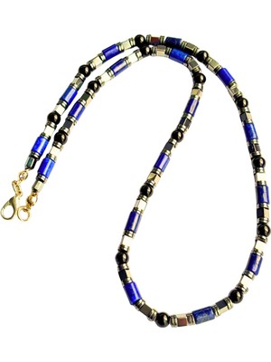 Delixa Ayrestyle Erkek Lapis Lazuli, Hematit ve Oniks Doğal Taş Kolye, 51 cm Uzun Zincir, Güç ve Denge Koly