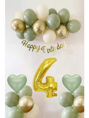 Delixa Adaçayı Konsept Doğum Günü Seti ; Küf Yeşili-Krom Gold- Deniz Kumu ve Adaçayı Kalp Folyo Balon (4)