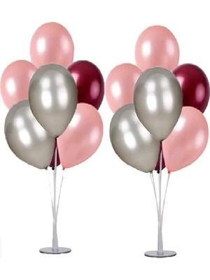 Delixa 2 Adet 7'li Balon Standı ve 14 Adet Rose Gold- Gümüş - Bordo Metalik Balon Set