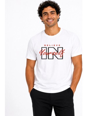 Etifa Tekstil Etifa Believe In Yourself Premium Unisex Tişört %100 Pamuk Modern Beyaz Tişört