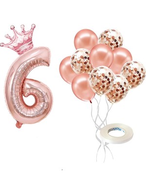 Hepta Collection 6 Rakam Rose Gold Folyo Balon, Kral Tacı ve Konfetili Rose Gold Balon