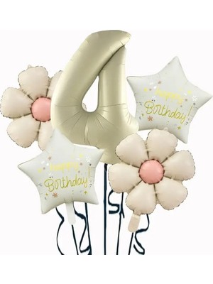 Hepta Collection Krem Papatya 4 Yaş Happy Birthday Yıldız Rakam Folyo Balon Set 5 Parça
