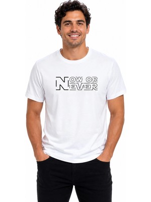 Etifa Tekstil Etifa Now Or Never Premium Unisex Tişört %100 Pamuk Modern Beyaz Tişört