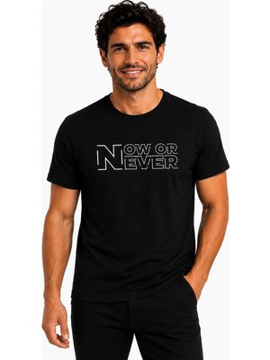 Etifa Tekstil Etifa Now Or Never Premium Unisex Tişört %100 Pamuk Modern Siyah Tişört