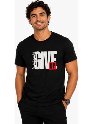 Etifa Tekstil Etifa Never Give Up Premium Unisex Tişört %100 Pamuk Modern Siyah Tişört
