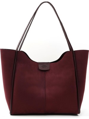 Hepta Collection Bordo Süet SHK76 Çıtçıtlı Fitil Askılı Suni Deri Makyaj Çantalı Büyük Boy Kadın El ve Omuz Çantası B
