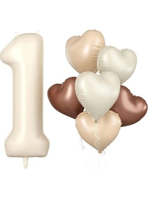 Hepta Collection Retro Krem 1 Yaş Kalpli Folyo Balon Set