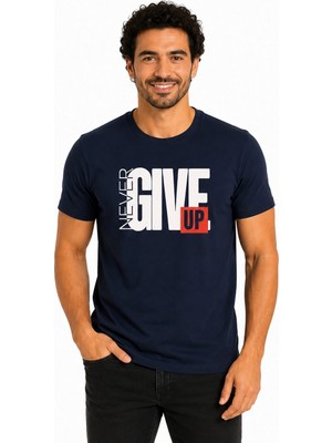 Etifa Tekstil Etifa Never Give Up Premium Unisex Tişört %100 Pamuk Modern Lacivert Tişört